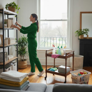 Woman in green outfit organizing a bookshelf in a bright living room, with cleaning supplies and laundry basket—perfect for same day cleaning tasks.