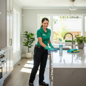 A woman in a green shirt cleans a kitchen counter with a cloth and cleaning spray, demonstrating thorough house cleaning.